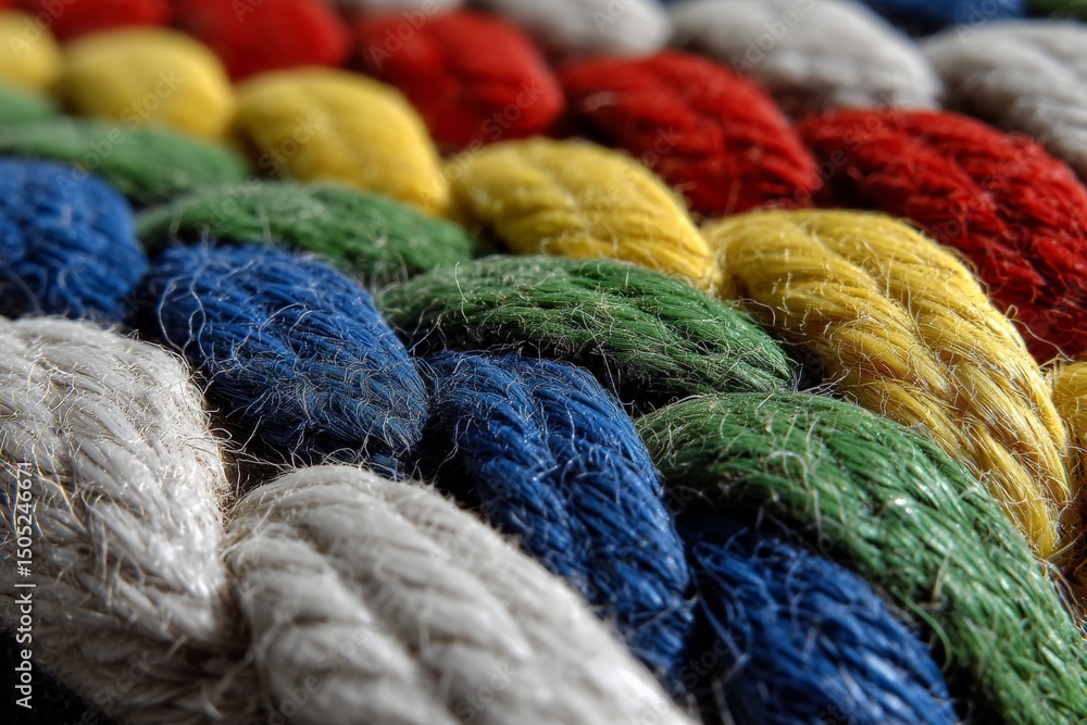 Poster Colorful textured rope displayed in a close-up view highlighting various hues and fibers in bright daylight