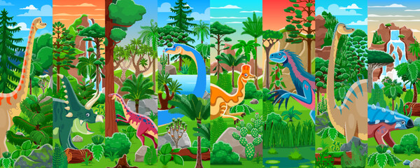 Cartoon prehistoric dinosaur characters in jungle forest vector collage. Cute brachiosaurus, diplodocus, chasmosaurus and corythosaurus dinosaurs characters at jurassic nature landscape background © Vector Tradition