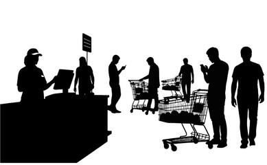 Silhouette illustration showing customers in line at a checkout, with one person at the register.
