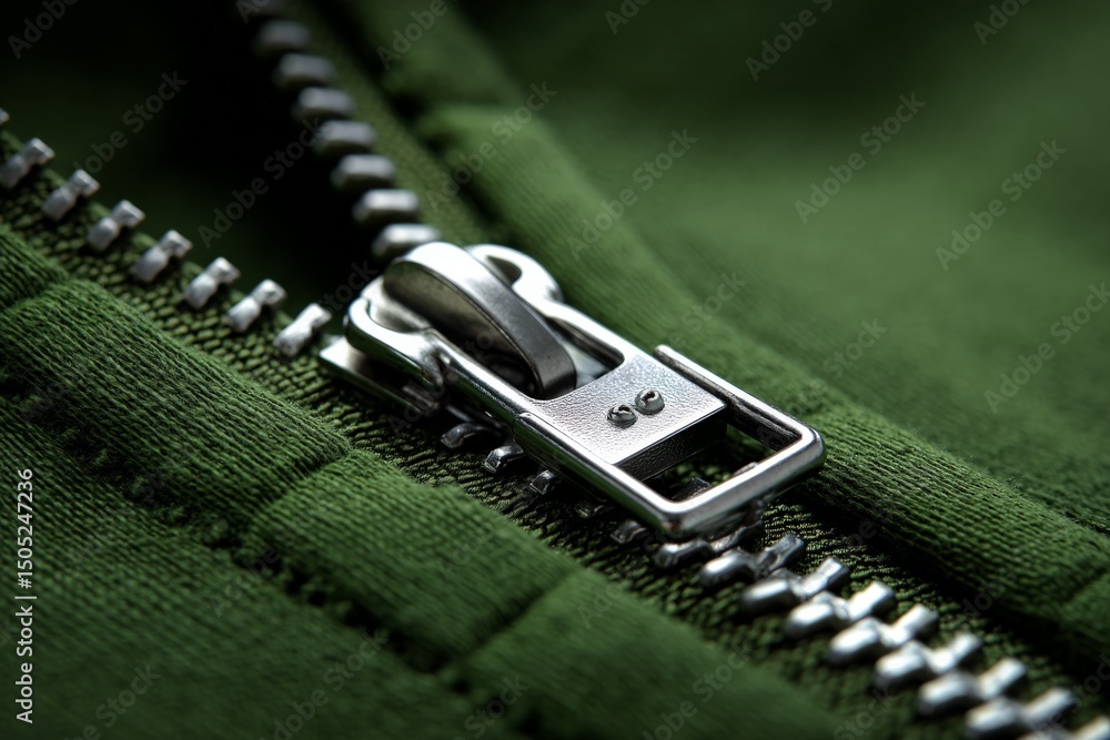 Poster Close-up of a silver zipper on a green fabric jacket highlighting intricate design and practical function