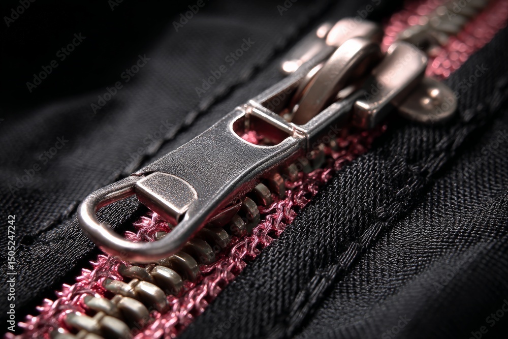 Poster Close-up view of a metal zipper on black fabric with pink stitching highlighting its intricate design and functionality