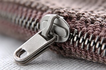Close-up view of a metal zipper on a textile pouch highlighting intricate details and craftsmanship