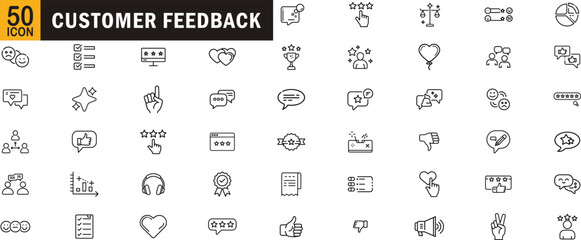 Customer feedback outline icon set. Review, rating, comment, opinion, survey, thumbs up and down.
