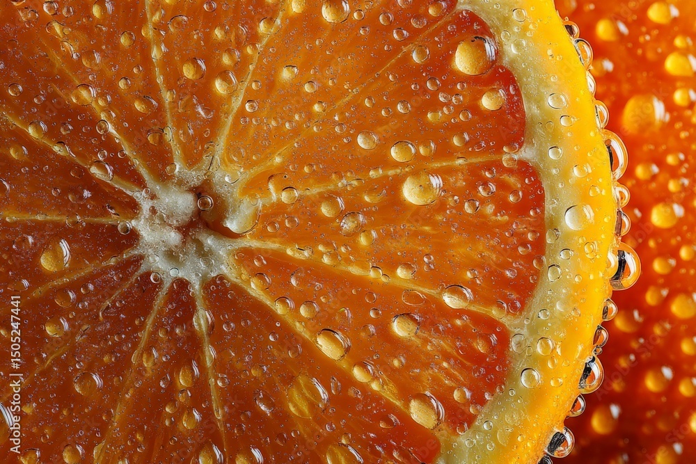 Poster freshly sliced orange with water droplets showcasing vibrant color and texture in a close-up view