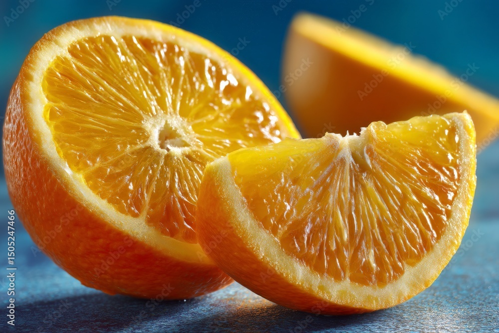 Poster freshly sliced oranges with vibrant colors and textured surfaces on a blue background