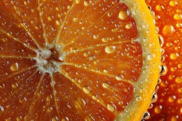 Freshly sliced orange with water droplets showcasing vibrant color and texture in a close-up view