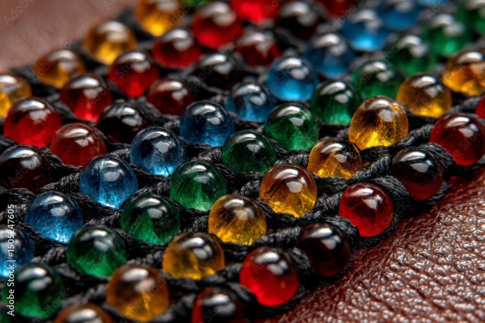 Aufkleber Colorful glass beads arranged in intricate patterns on a textured surface create a vibrant display of artistry and craftsmanship