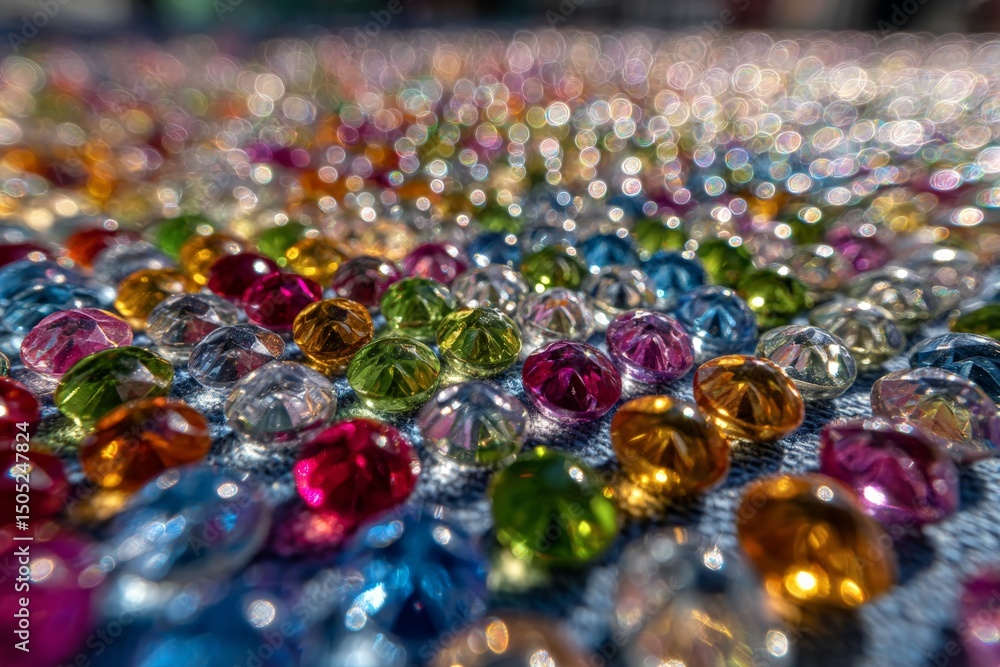 Poster Colorful array of sparkling gems scattered on a surface showcasing a vibrant display during a sunny day outdoors