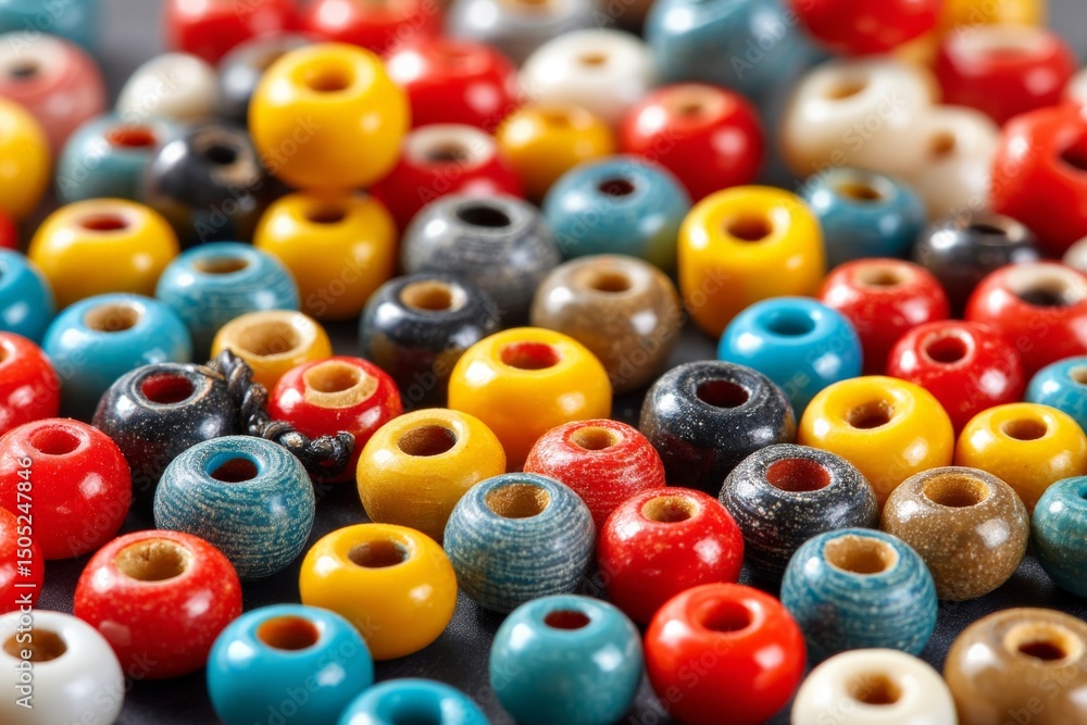 Poster colorful collection of handcrafted beads scattered on a surface, showcasing vibrant patterns and tex