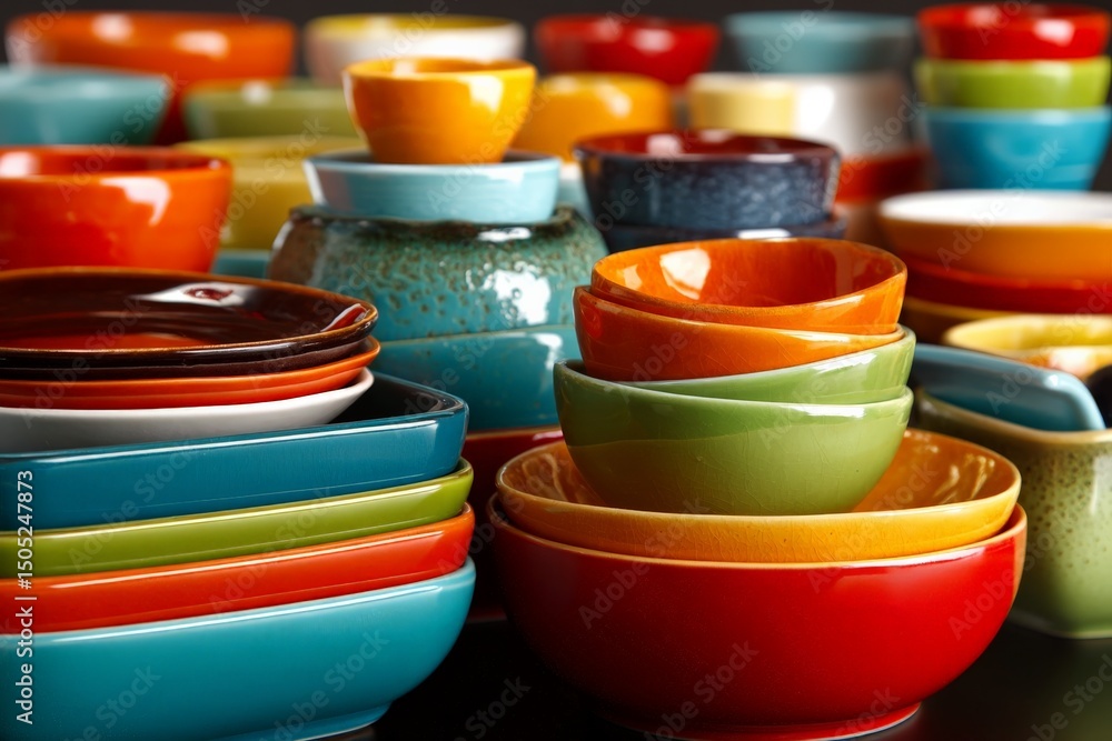 Poster colorful collection of decorative bowls stacked on a table showcasing vibrant designs and intricate 