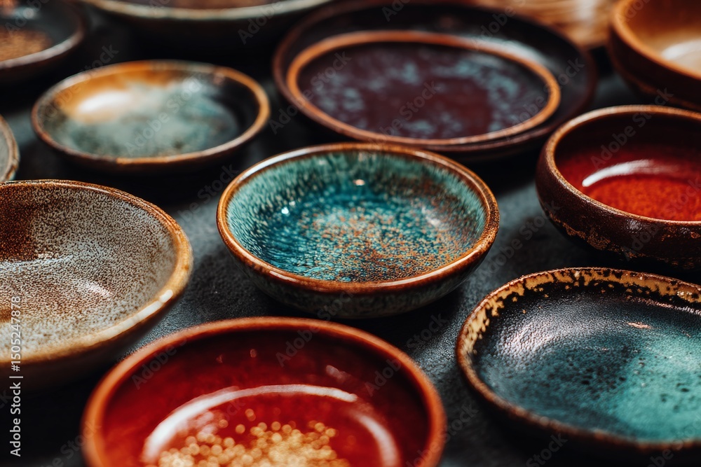 Aufkleber Pottery bowls in varied colors and textures displayed on a table in a creative studio setting