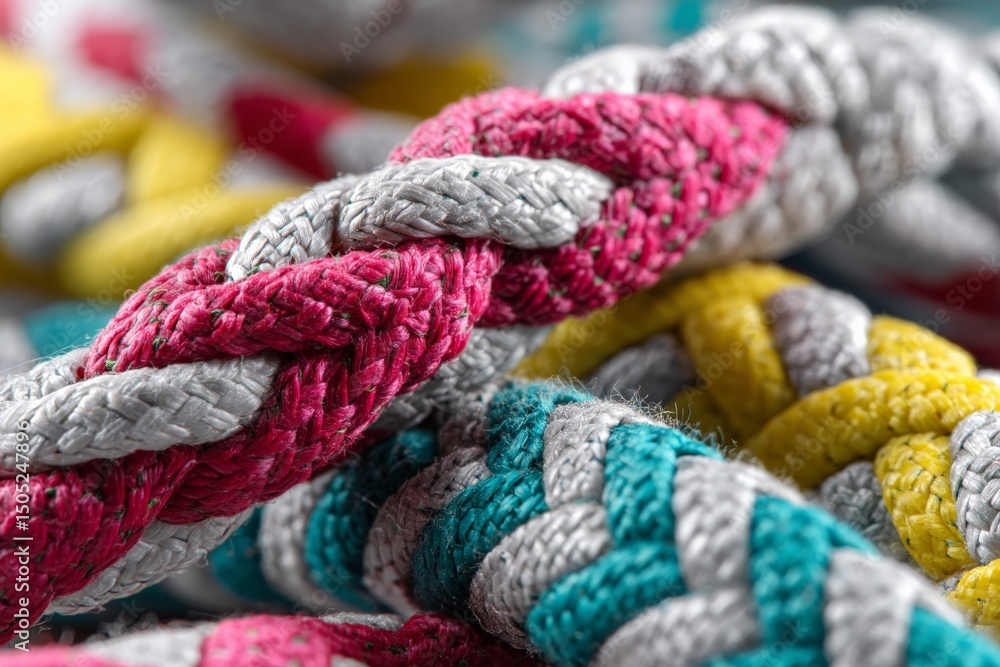 Aufkleber Colorful braided ropes arranged together in a close-up view showing intricate patterns and textures in a dynamic composition
