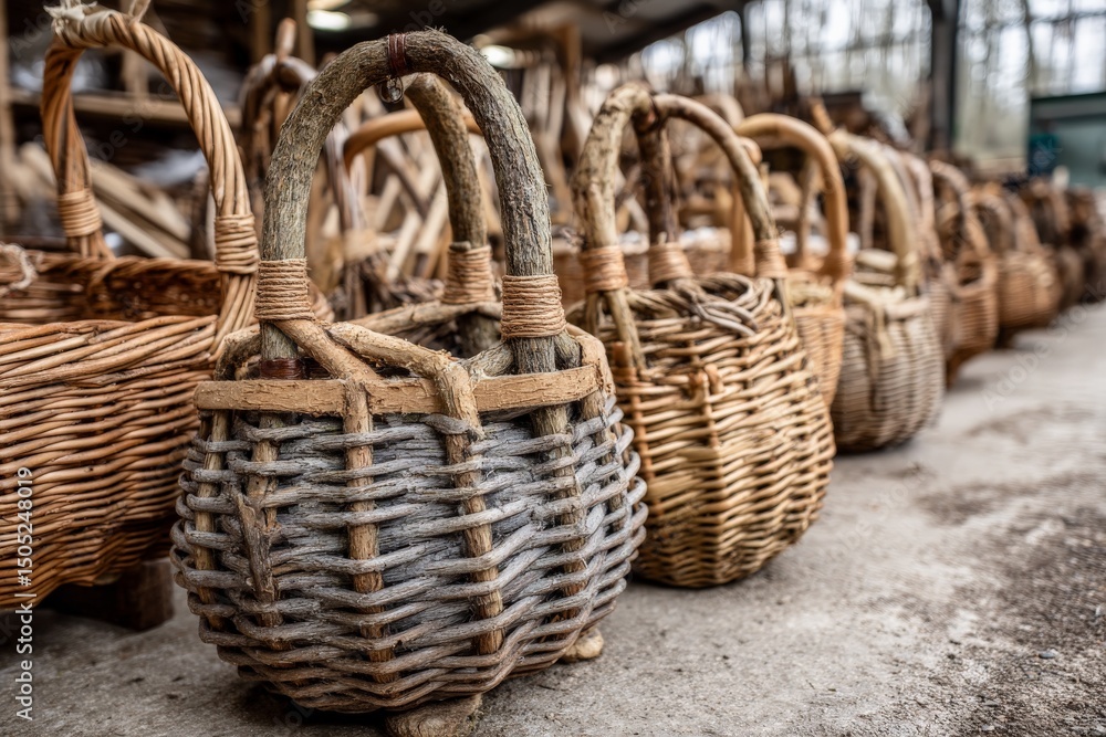 Aufkleber craftsmanship of woven baskets displayed in a workshop during early morning light