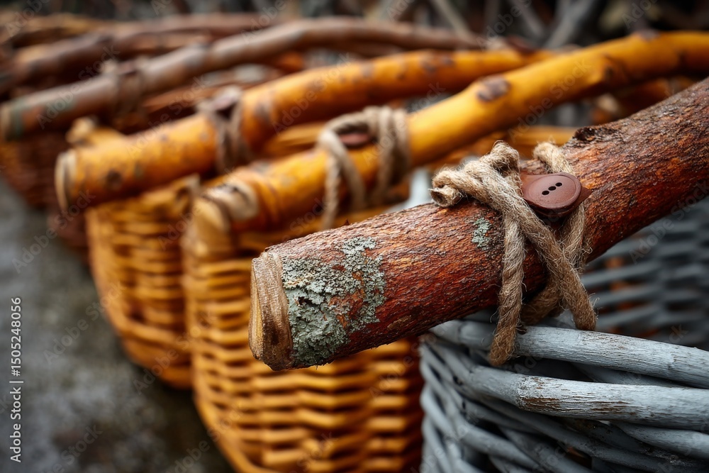 Poster Baskets with decorative handles displayed in a rustic setting near a market in autumn
