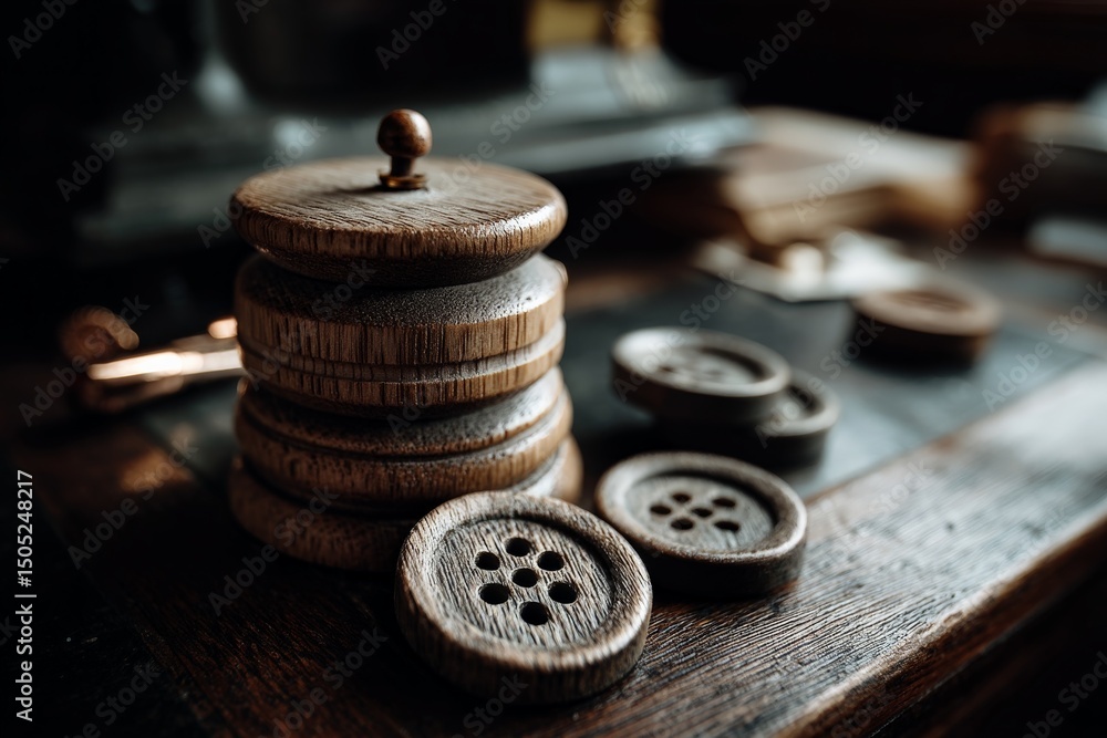 Leinwandbilder Stack of wooden buttons and spool on a rustic table in a cozy workshop setting during the afternoon light