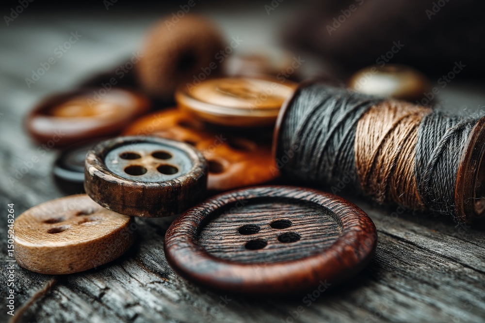Poster Assorted wooden buttons and thread on a rustic wooden surface create a charming crafting setup in a cozy workspace