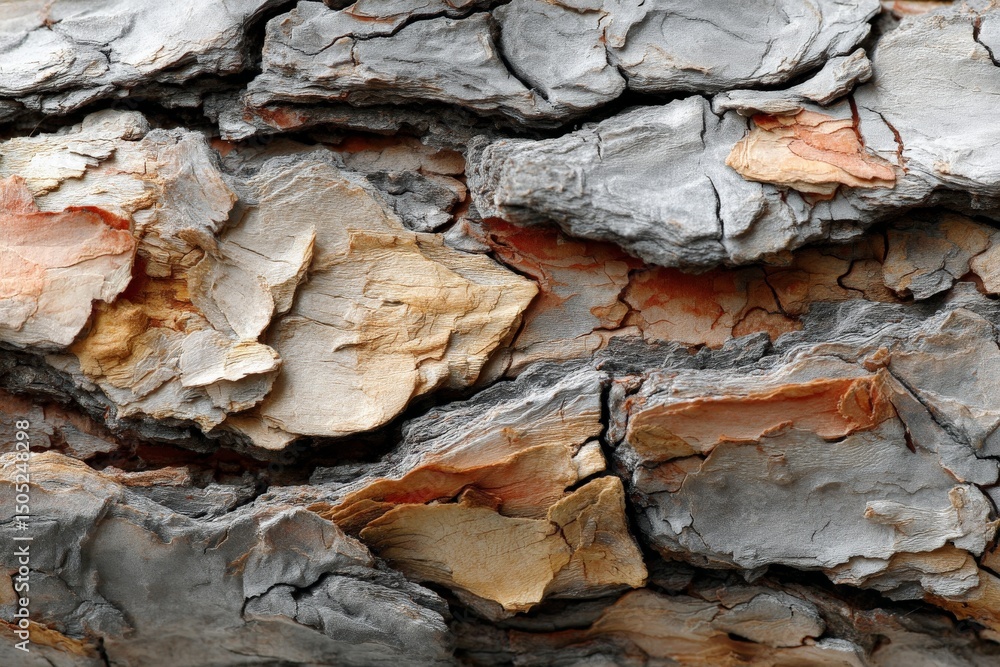 Poster Bark texture of an aged tree showcasing natural patterns and colors in a forest environment during daylight hours