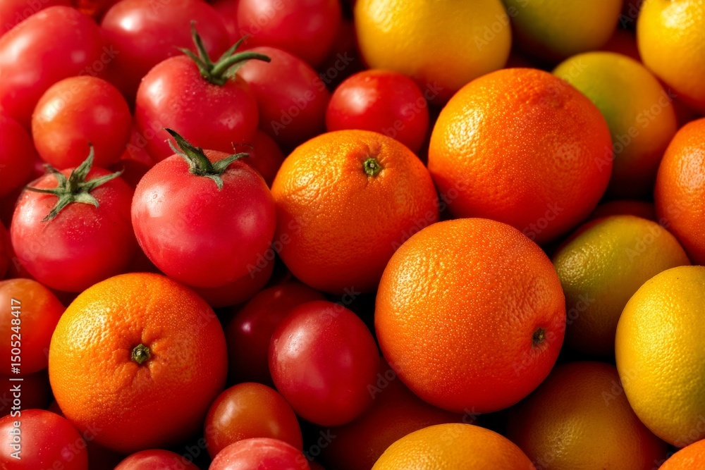 Poster vibrant assortment of fresh tomatoes and oranges on display at a local market during the morning hou