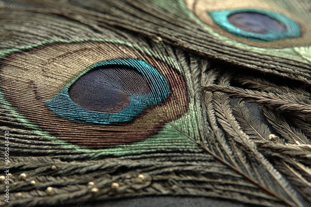Poster detailed view of colorful peacock feathers showcasing intricate patterns and vibrant hues of blue, g