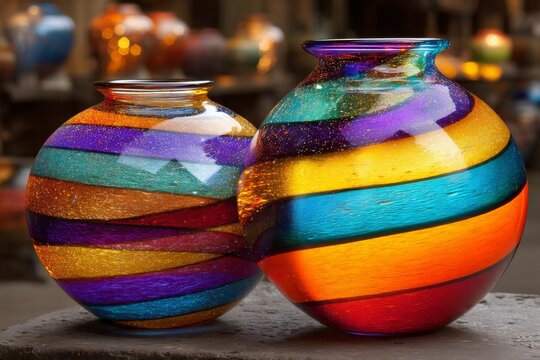 Colorful glass vases with vibrant patterns on display at a local artisan market during a sunny afternoon - Powered by Adobe