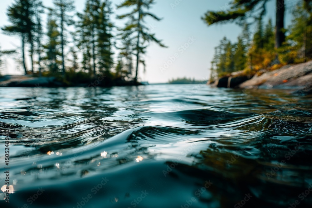 Aufkleber calm water reflects trees in a serene forest setting during a sunny day at the lake