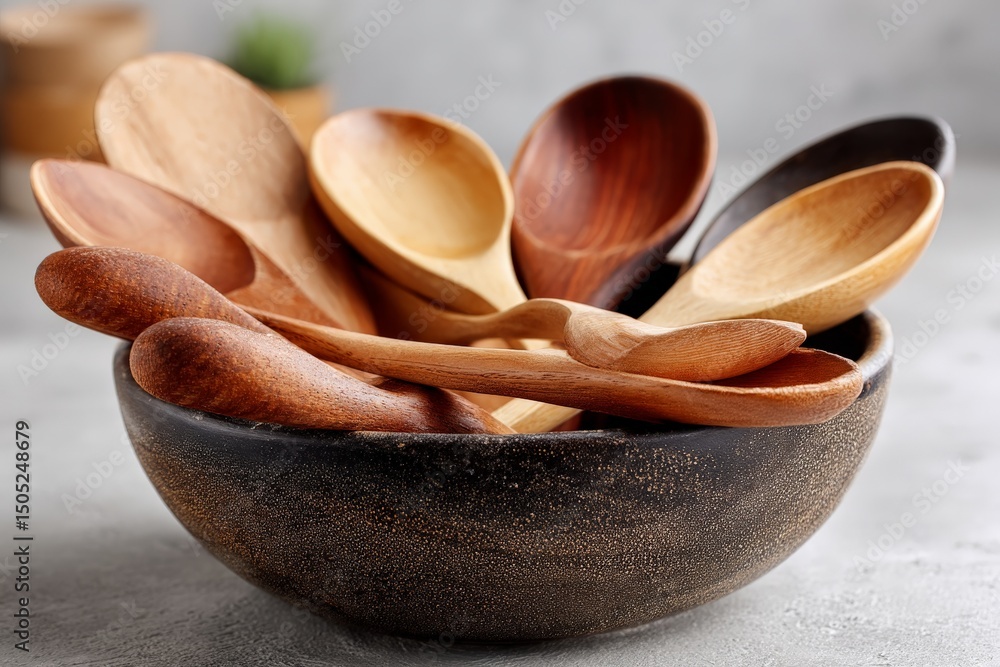 Poster diverse collection of wooden spoons arranged in a decorative bowl on a textured surface in a natural