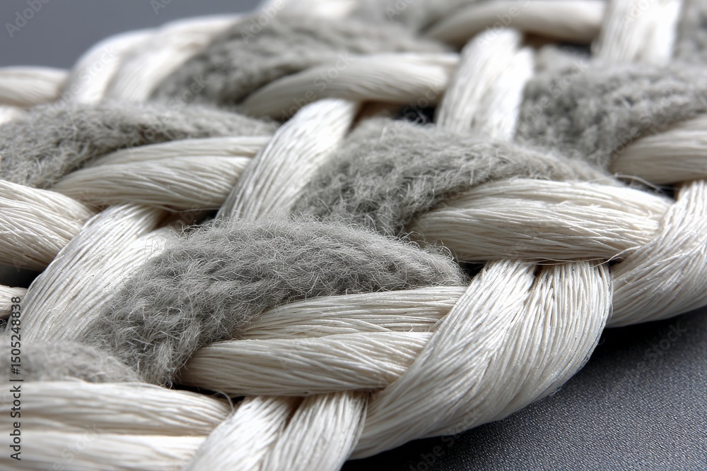 Poster crafting a braided textile design using natural fibers in a close-up view showcasing intricate weavi
