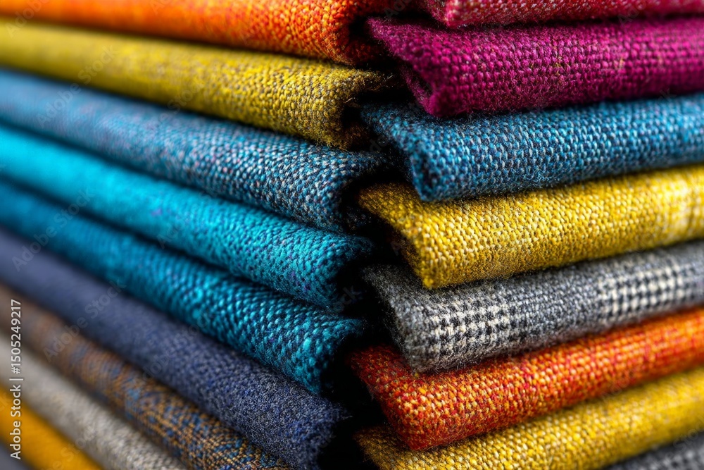 Poster textiles stacked in vibrant colors showcasing a variety of fabric textures in a well-lit workshop se