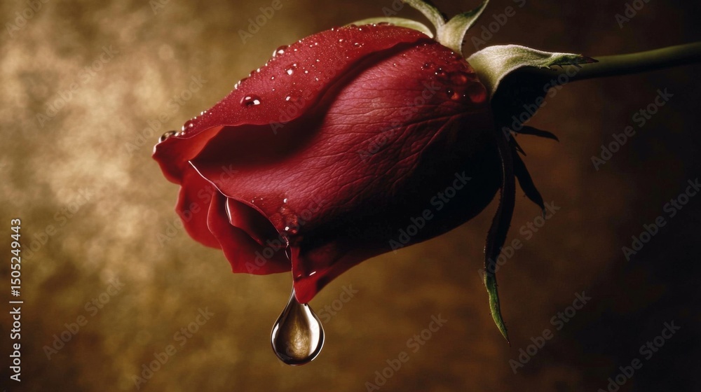 Aufkleber a macro shot of a single drop of water hanging from the tip of a rose petal