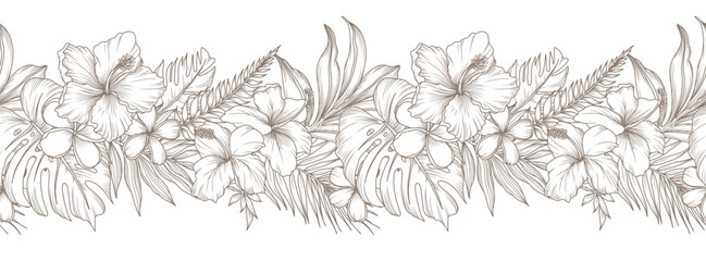 Floral border with blooming tropical flowers, branches and leaves. Seamless horizontal background with beautiful hand drawn garland exotic plants in line art style. Vector vintage illustration