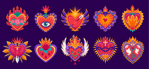 Mexican sacred heart tattoo set for love symbols with fire, eye and blood drops, vector Mexico art. Sacred heart or Corazon sagrado tattoo design with heart on wings or dagger sword and catholic cross