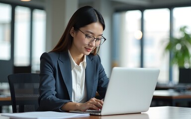Asian businesswoman using laptop while analyzing reports in office. High quality
