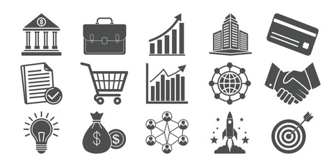 Flat business vector icons pack for financial analysis, creative process, team collaboration, project management, office work, and innovation themes

