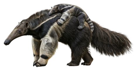 Giant anteater mother carries her baby on her back through the jungle