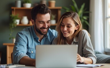 Mid adult couple talking while paying bills online at home. High quality