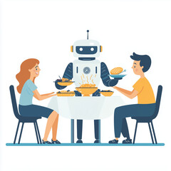 man and woman sitting around table dinning with robot waiter