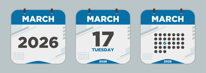 Modern Calendar icon. March. 2026 17 day. The concept of waiting for an important date. Day calendar with date March 17. Cheklist day calendar. Vector illustration.