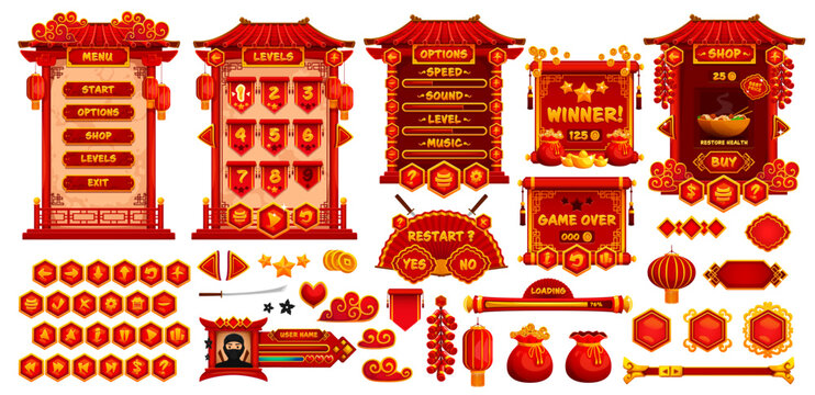 Chinese gui game user interface, buttons and frames asset. Cartoon vector asian Ui windows, options, settings plates, progress bars and icons. User boards, sliders, keys and interactive menu panels