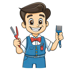 Cheerful young boy with big smile, holding hair comb and hairbrush, dressed blue vest, white shirt, and red bow tie, ready for haircut or styling
