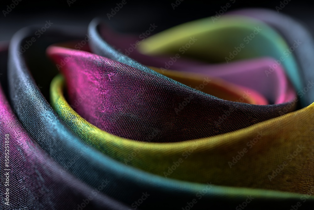 Poster colorful silk fabric rolls showcasing intricate patterns in a close-up shot taken in a textile studi