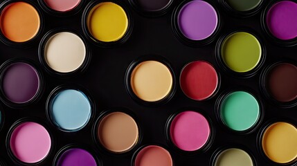 Colorful containers of various shades arranged on a dark surface.