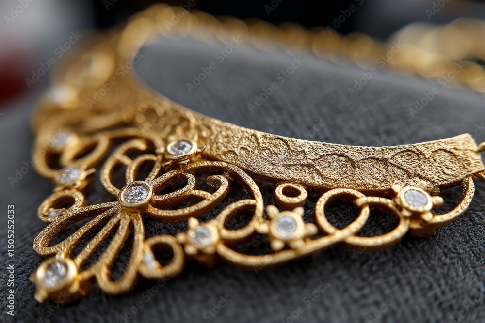 Poster Elegant golden necklace with intricate design displayed on soft fabric backdrop in luxurious setting