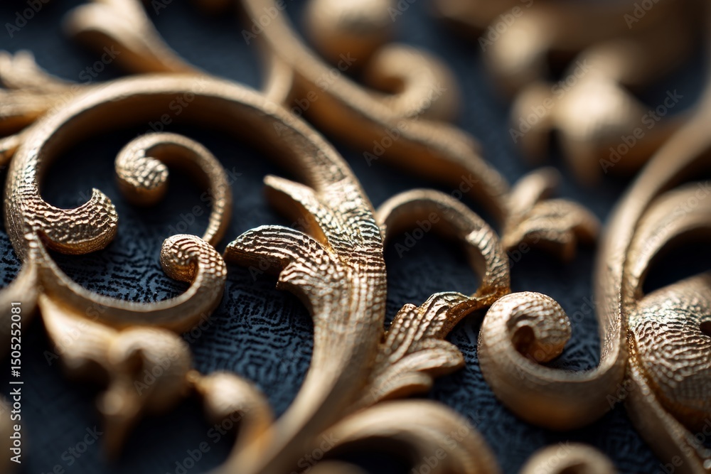 Poster Detailed close-up of an ornate golden decorative pattern on a dark textured surface showcasing intricate craftsmanship and design elements