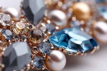 Elegant jewelry brooch adorned with colorful gemstones and pearls shining in soft light