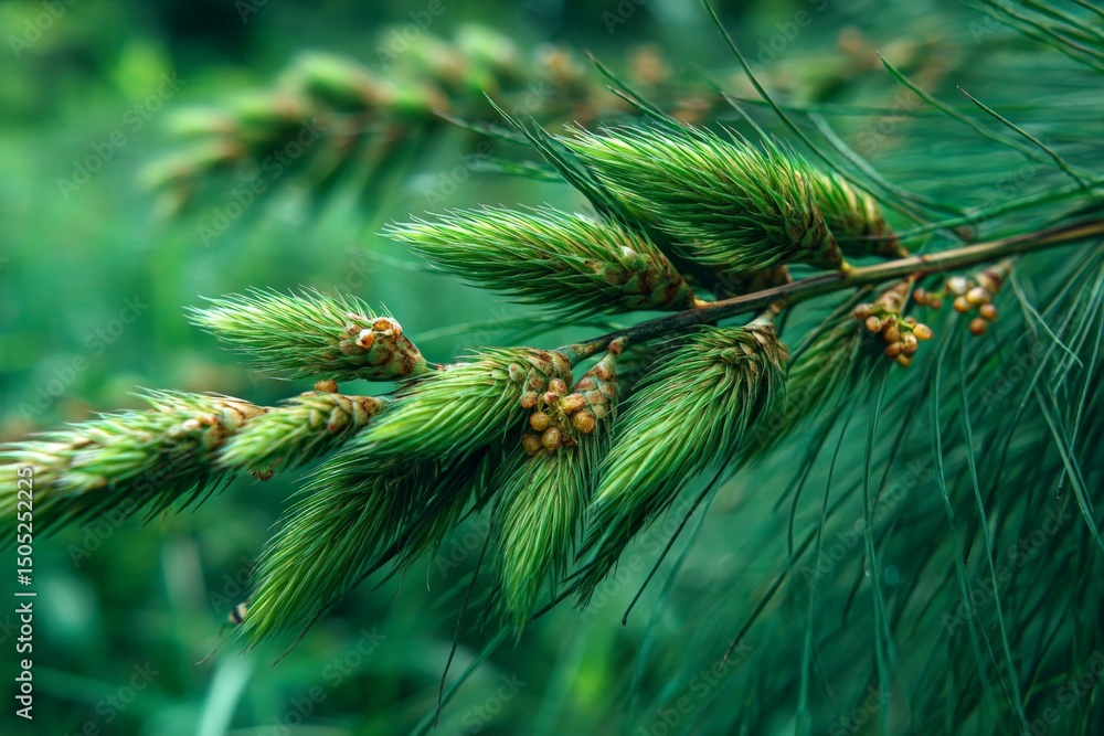 Poster Fresh pine branches with bright green needles and developing cones surrounded by lush greenery in a forest setting