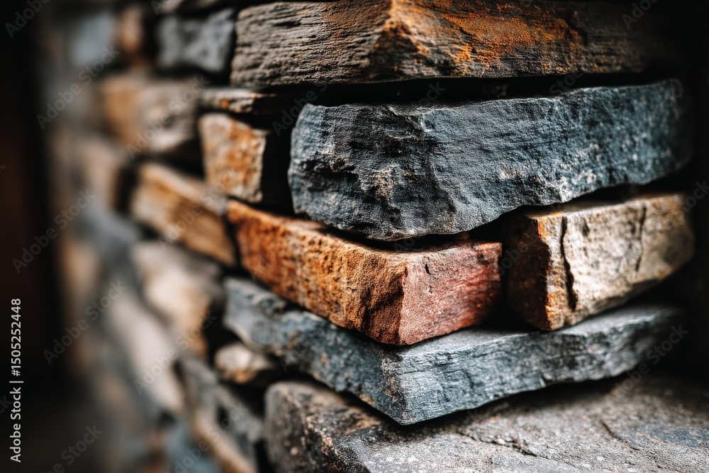 Poster detailed view of textured stone wall showing various colors and shapes in a warm-lit interior settin