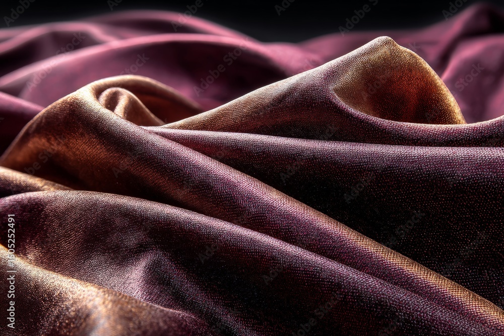 Poster Close-up view of luxurious fabric showing deep maroon and gold colors with intricate texture details under soft lighting