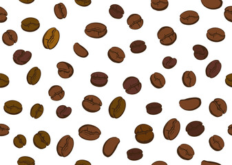 Obraz premium Coffee bean hand drawn pattern seamless on white background. Sketch wallpaper with coffee seeds grain vector.