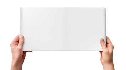 Hands holding blank brochure mockup ready for design on white and transparent Background