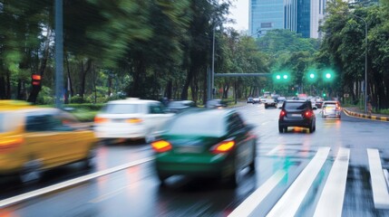 A motion-blurred shot of cars speeding through a green traffic light in an urban setting